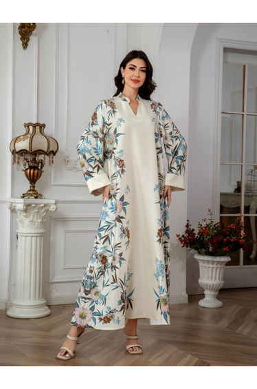 Floral Print Embellished Faux Pearl Detail Jalabiya