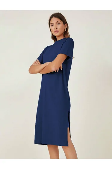 Women's Navy Blue 100% Cotton Slit Basic Dress