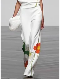 High Waisted Loose Asymmetric Floral Printed Split-Joint Pants Trousers - 1