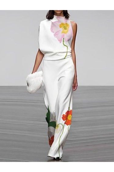 High Waisted Loose Asymmetric Floral Printed Split-Joint Pants Trousers