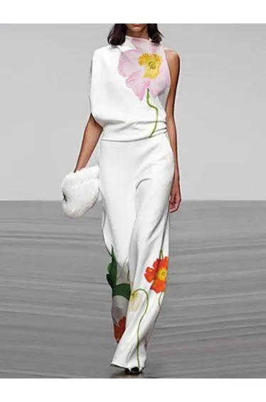 High Waisted Loose Asymmetric Floral Printed Split-Joint Pants Trousers