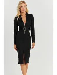 Women's Black Belted Scuba Midaxi Dress - 2