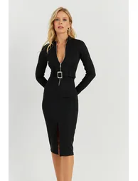 Women's Black Belted Scuba Midaxi Dress - 3