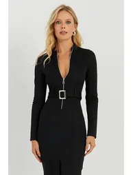 Women's Black Belted Scuba Midaxi Dress - 1