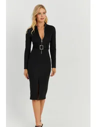 Women's Black Belted Scuba Midaxi Dress