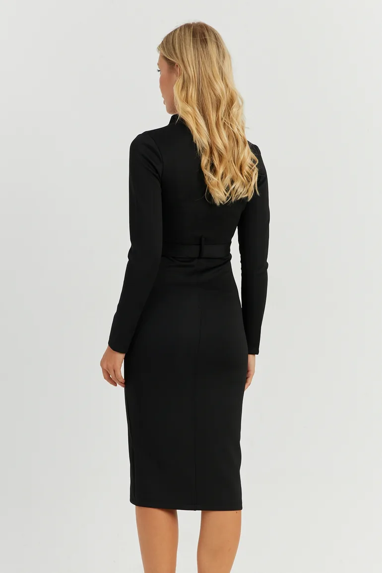 Women's Black Belted Scuba Midaxi Dress - 6