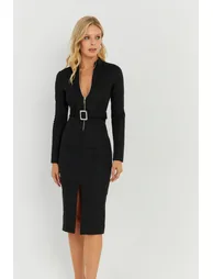 Women's Black Belted Scuba Midaxi Dress - 5