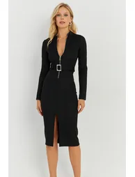 Women's Black Belted Scuba Midaxi Dress - 4
