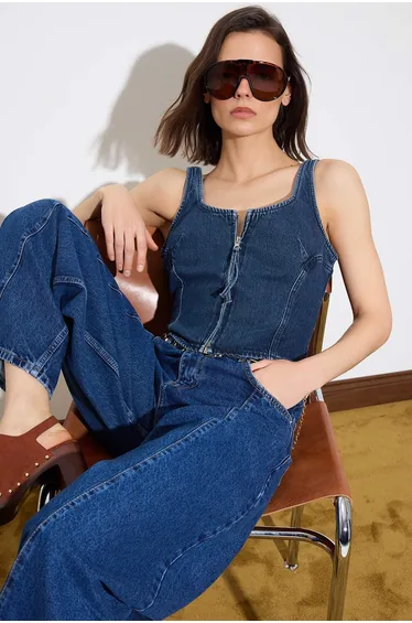 Blue Strappy Crop 100% Cotton Denim Blouse