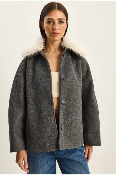 LUCCI Oversized Plush Coat with Fur Collar