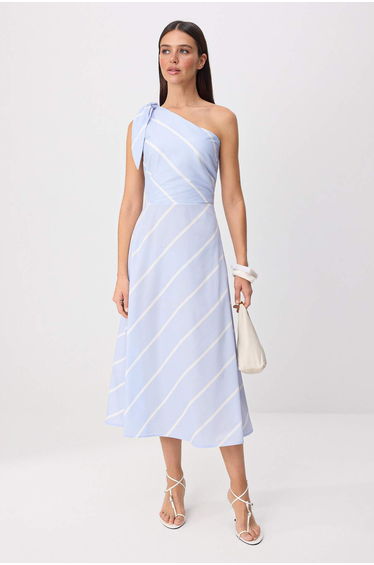 Blue Striped Ribbon Detailed One Sleeve Midi Woven Dress