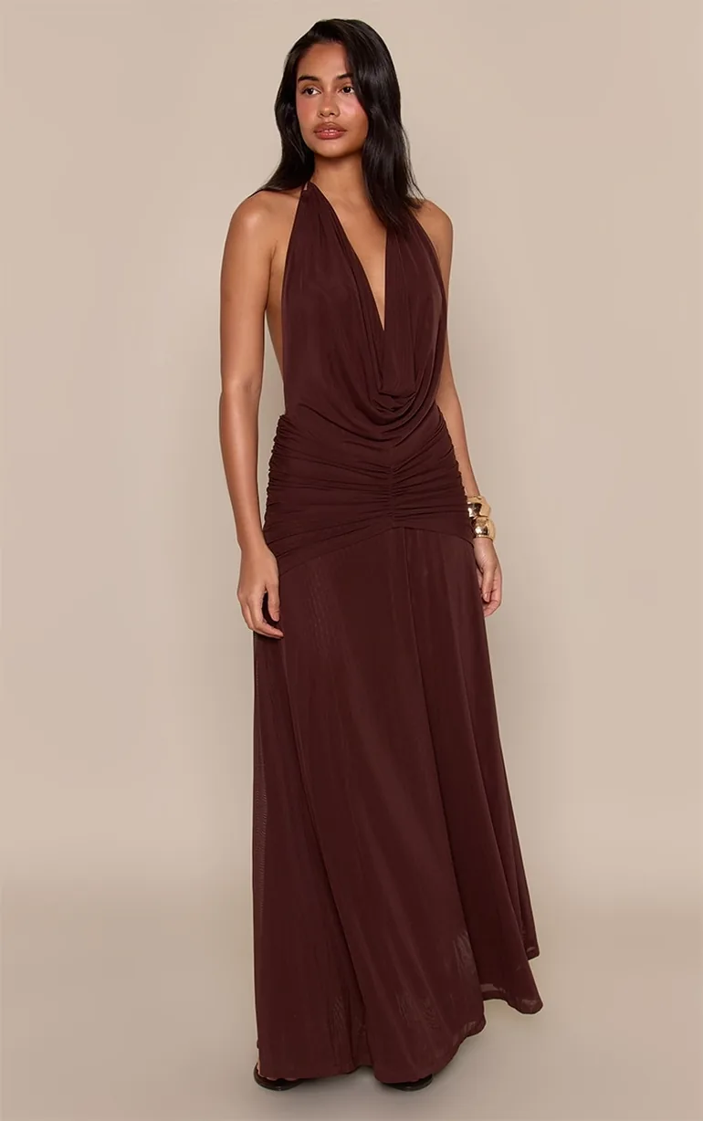 mesh cowl neck ruched maxi dress boohoo Women's Plus Mesh Printed Cowl Neck Ruched Maxi Dress in Black