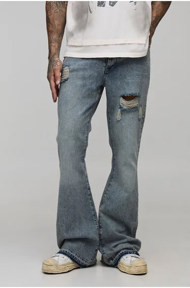 Tall Ripped Let Down Hem Rigid Flared Jeans - antique blue