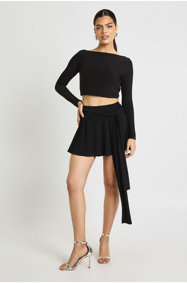 Flippy Mini Skirt With Wrap Drape - black