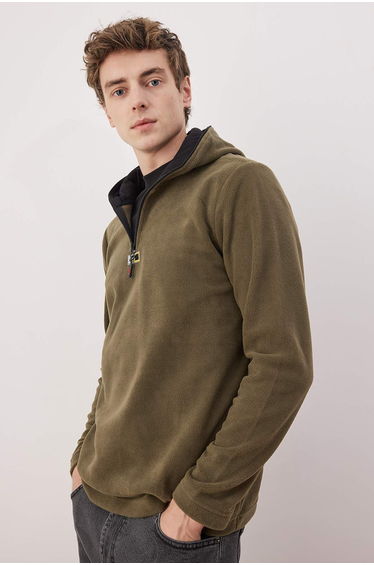 Khaki slim/dark cut polar zippered hooded hoodie