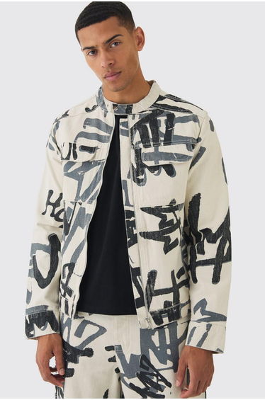 Slim Boxy Denim Graffiti Laser Print Biker Jacket - ecru