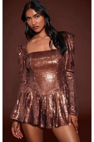Chocolate Sequin Puff Sleeve Playsuit