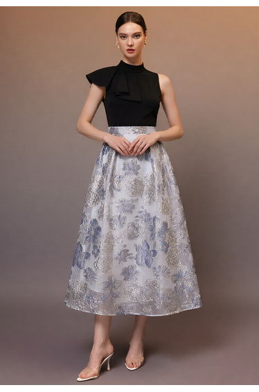 Asymmetrical Ruffle Panel Floral Jacquard Midi Dress for Cocktail Parties & Wedding Guest Events