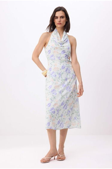 Multi-Colored Floral Decorated Collar Lined Midi Woven Dress
