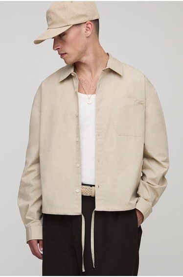 Long Sleeve Embroidered Boxy Oversized Bungee Hem Poplin Shirt