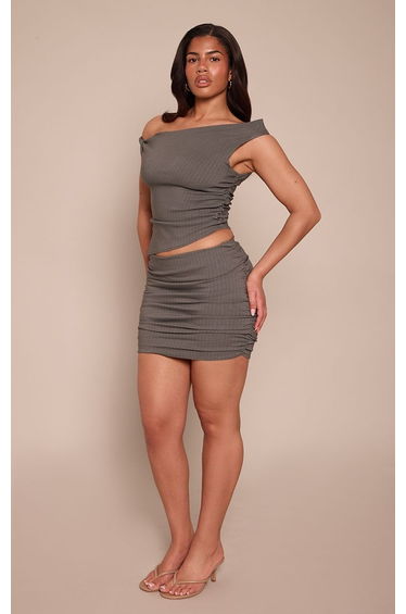 Shape Grey Pinstripe Ruched Side Off Shoulder Top