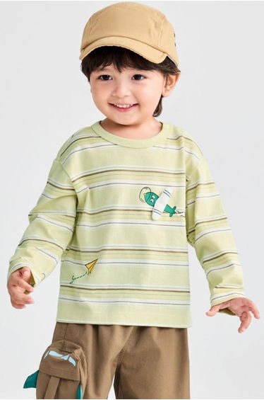 Boys' Striped Long Sleeve Top With Playful Motif