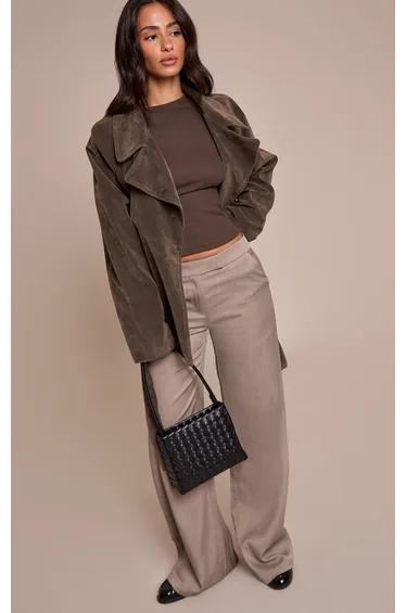 Petite Premium Taupe Woven Low Rise Wide Leg Trousers