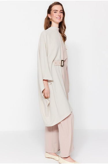 Beige Color Block Tunic-Pants Woven Suit with a Belt Waist
