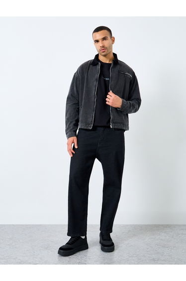 Men Black Denim Jacket with Corduroy Collar