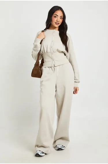 Cinched Waist Button Through Sweatshirt Tracksuit - ecru