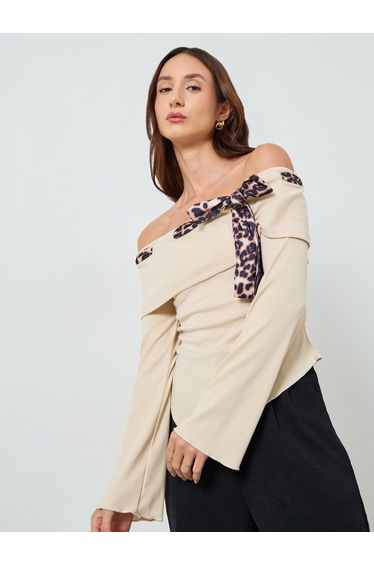 Women Beige Off Shoulder Leopard Print Top