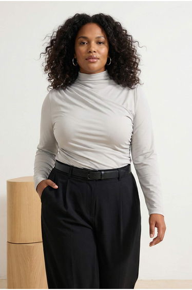 Stone Sandy Ruched Detail Long Sleeve Knitted Large Size Blouse