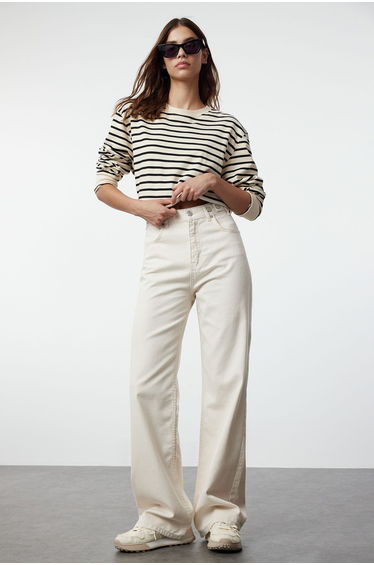 Ecru High Waist Wide Leg Jeans