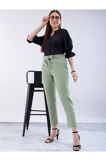 Women Green Slim Fit Solid Trousers