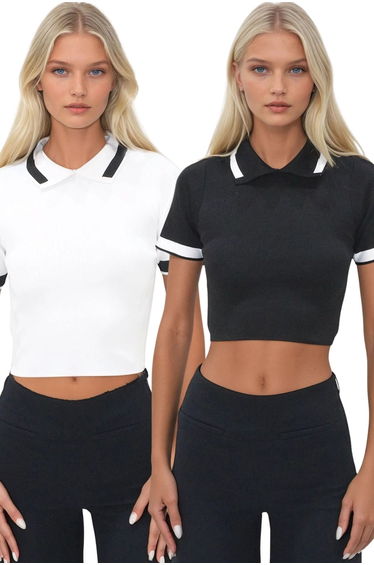 Women's Black-White Peter Pan Collar Half Sleeve Color Block 2-Piece Knitwear Blouse
