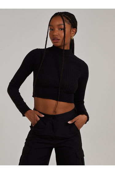 Wide Brushed Ribbed Lettuce Hem Long Sleeve Crop Top