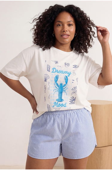 Ecru Crab Printed Oversize Fit Long Length Plus Size T-Shirt
