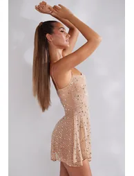 Sheer Embellished Scoop Neck Mini Dress in Almond - 4