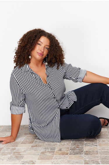Navy Blue-White Striped Shirt