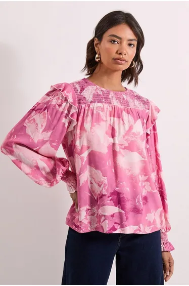 Pink Floral Shirred Yoke Frill Detail Top