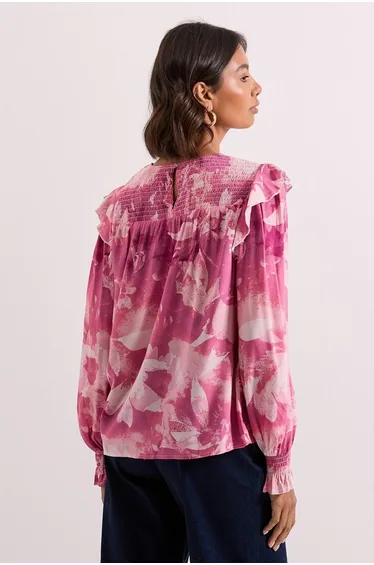 Pink Floral Shirred Yoke Frill Detail Top