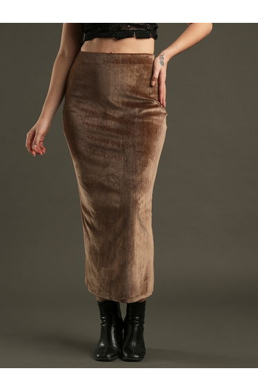 Velvet Look High Rise Stretchable Pencil Midi Skirt