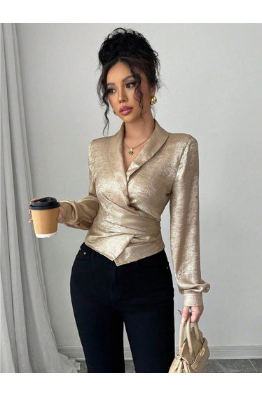 Women Solid V Neck Fitted Wrap Top