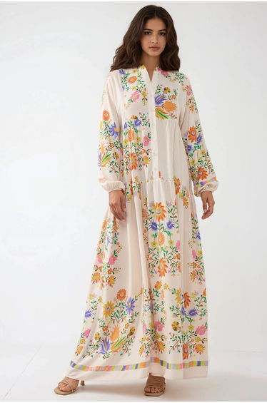 Printed V-Neck Maxi Dress with Button Detail