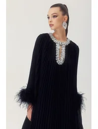 Yvonne Diamante Feathered Pleated Maxi Chiffon Dress - 4