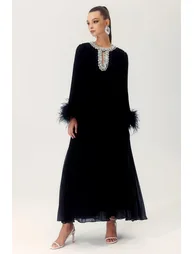 Yvonne Diamante Feathered Pleated Maxi Chiffon Dress - 3