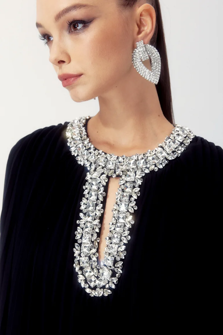 Yvonne Diamante Feathered Pleated Maxi Chiffon Dress - 5