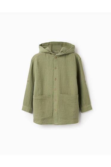 Long sleeve cotton shirt with hood for boys, khaki green
