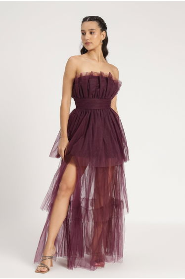 Natalia Tulle Floor Length Dress in Plum