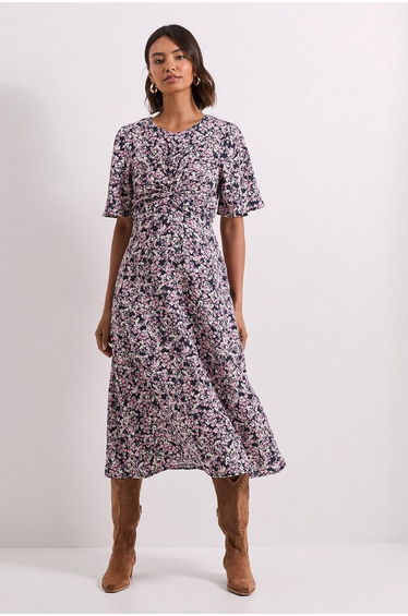Pink Floral Twist Front Angel Sleeve Midi Dress